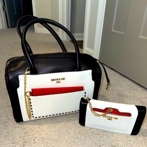 Nicole Lee elegant black, white, and red Boston bag with wallet set